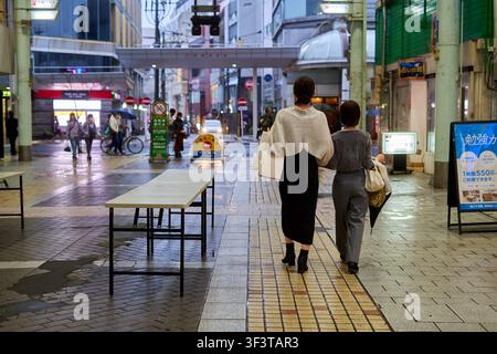 Zwei Frauen gehen von der Kamera weg eine nasse Fußgängerzone in Japan hinunter während der frühen Abend- oder Dämmerungsstunden. Die Straße ist gepflastert mit Stockfoto