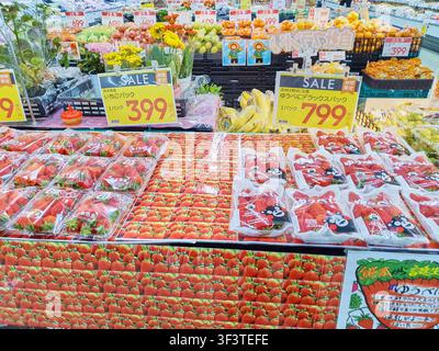 Ein lebhafter Supermarkt-Warengang in Japan, der große Mengen frischer Erdbeeren in durchsichtigen Plastikbehältern ausstellt. In der Stockfoto