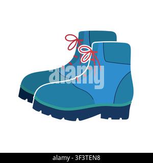 Handgezeichnete flache Vektorillustration eines Paares blaugrüner Wanderschuhe mit roten Schnürsenkeln auf weißem Hintergrund. Stock Vektor