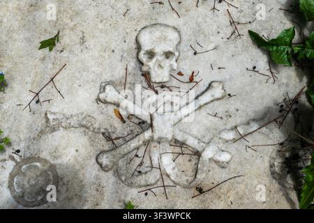 Istanbul, Türkei: 17. Mai 2026: Geschnitztes Totenkopf- und Knochenkreuz-Relief auf historischem Marmorgrabstein Stockfoto