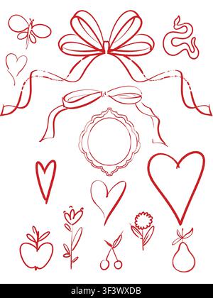 Eine Sammlung von niedlichen, handgezeichneten roten Strichzeichnungen, darunter Schleifen, Herzen, Blumen, Früchte und ein Rahmen auf weißem Hintergrund. Stockfoto