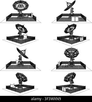 Satellitenschüssel-Vektor. Technischer Bauplan zeigt Radioteleskop-Designs isoliert auf weißem Hintergrund. Ideal für Technik und Weltraum. Stock Vektor