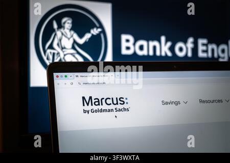 LONDON, UK - 12. JULI 2026: Logo von Marcus by Goldman Sachs auf ihrer Website. Marcus UK ist eine britische Retail-Bank, eine Retail-Sparmarke aus den USA. Stockfoto