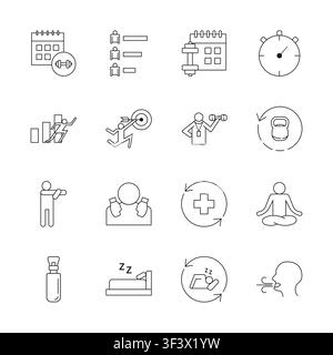 Ein Set aus 16 dünnen Linien-Icons, die Trainingsplanung, Fitness-Coaching, Erholung, Schlaf-Tracking, Hydration und Zielerreichung für Health Apps darstellen Stock Vektor
