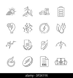 Eine Sammlung von 16 minimalistischen dünnen Linien-Icons, die Solarenergie, Windenergie, Elektroauto-Laden, grüne Technologie und ESG-Berichterstattung darstellen. Stock Vektor