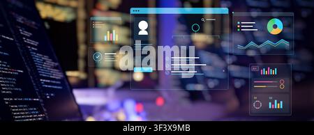 Futuristisches UI-Dashboard mit Datenanalyse, Diagrammen und Benutzerprofil. Business-Intelligence- und SaaS-Plattform-Konzept, Panoramabanner. Stockfoto