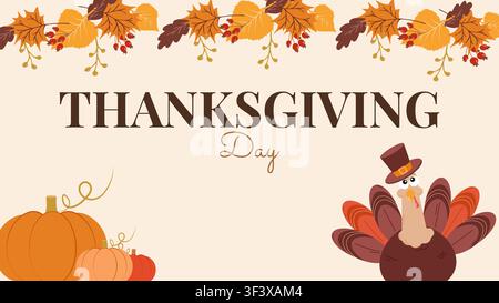 Niedliche Truthahn-Herbstblätter und Kranz-Einladungsvorlage für Thanksgiving. Für Grußkarten-Party-Einladung Druck und Webdesign, Vektorillustration. Stock Vektor