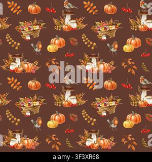 Gemütliches Herbst-Aquarellmuster mit Kürbissen, Steinpilzen, Rotkehlchen, Beeren und Herbstlaub auf dunklem Hintergrund. Helle nahtlose Herbstsaison Stockfoto