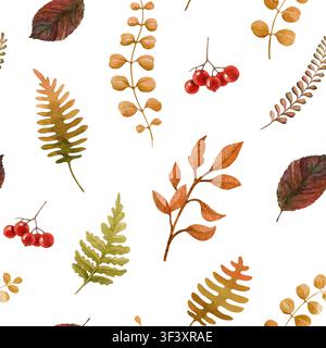 Herbststimmung Aquarell nahtloses Muster mit Herbstblättern, Ebereschenbeeren, Farn und botanischen Zweigen auf weißem Hintergrund. Perfekt für Herbststoff Stockfoto