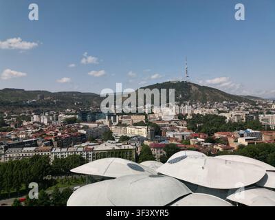 Öffentliches Dienstgebäude-Dach mit dem Berg Mtatsminda in Tiflis, Georgien, Stadtbild Stockfoto