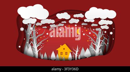 Merry Christmas und Happy New Year Papiergeschichtekunst-Papierkarte. Haus, Bäume, Schneemann, Wolken. Märchennacht-Dorf. Roter Weihnachtsstil-Konzept. Vektor Stock Vektor