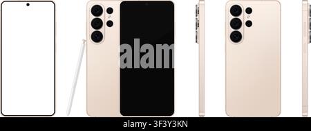 Detailliertes goldenes Mobiltelefon mit Stylus-Mockup. Vorder-, Rück- und Seitenansichten isoliert auf transparentem Hintergrund. Vektor-PNG Stock Vektor