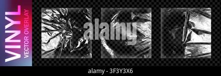 Realistisches quadratisches Plastikfolie-Overlay-Paket isoliert auf dunklem transparentem Hintergrund. Verpackungspolyethylen-Textur. Vektorillustration Stock Vektor