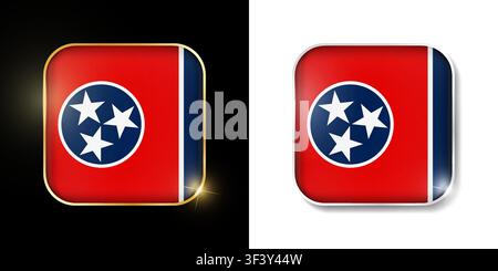 Tennessee-Staatsflagge glänzende goldene und silberne Symbole isoliert auf Schwarz und Weiß. USA-Staaten alle Flaggen. Vektor-3D-quadratische abgerundete beleuchtete Schaltflächen mit Stock Vektor