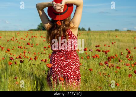 Rückansicht einer rothaarigen Frau in einem roten gepunkteten Kleid, die ihre Hände zu ihrem Hut hebt, während sie zwischen blühenden Mohnblumen und grünem Gerste steht. Stockfoto