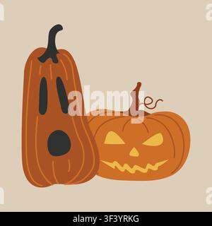 Handgezeichnete Halloween-gruselpumpen Jack-o'-Lantern-Gesicht und Licht im Inneren für saisonale Herbstdekoration, Party, Verpackung Stock Vektor