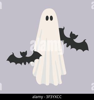 Handgezeichnete Halloween-Karte mit gruseligem süßem Geist und Fledermäusen für saisonale Dekoration, Verpackung, Sonderangebot für Feiertage, Poster, Einladung Stock Vektor
