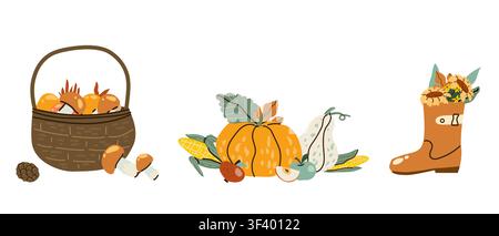 Vektor-Set von Erntezeit-Elementen in warmen Tönen. Herbstliche gemütliche Symbolsets. Handgezeichnete Vektorillustration isoliert. Stock Vektor