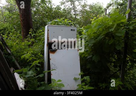 Alter verlassener Kühlschrank mit abgerissener Tür, Rost und abblätternder Farbe, der in einem verwachsenen ländlichen Hof steht. Stockfoto