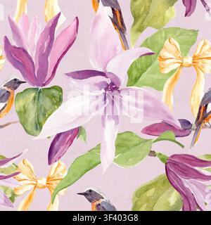 Aquarell nahtloses Muster aus lila Magnolienblüten, Singvögeln und goldenen Schleifen auf helllilarem Hintergrund. Handgemaltes botanisches Repeat für Stockfoto