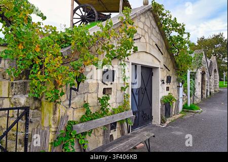 Scenische Perspektivansicht von traditionellen historischen Weinkellern, die die berühmte Kellergasse in Purbach am Neusiedler See, Österreich, säumen. Der rustikale Kalkstein Stockfoto