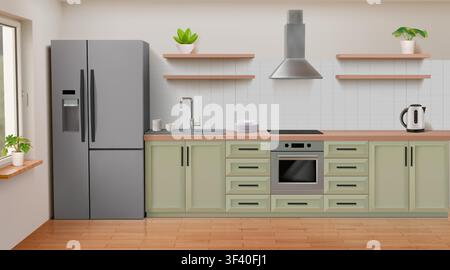 Kücheninterieur. Realistischer moderner Raum mit Theke, Spüle und Gasherd, schlankes Design. 3D weißes Regal, Kühlschrank, Kochplatz, Holzschränke. Vektor-minimale Darstellung von Geräten und Stauraum Stock Vektor