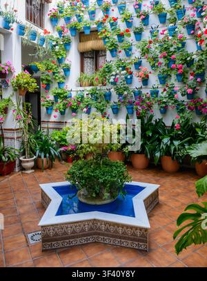 Ein traditioneller andalusischer Innenhof gefüllt mit hängenden Blumentöpfen und einem sternförmigen Brunnen während des Patios-de-Cordoba-Festivals in Cordoba, Spanien. Stockfoto
