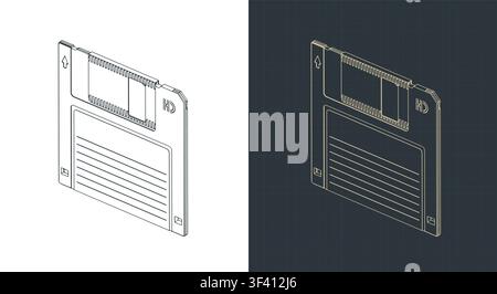 Retro 3,5-Zoll-Disketten-Isometriepläne; stilisierte Vektorillustrationen Stock Vektor