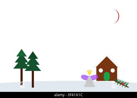 Winterlandschaft mit Lebkuchenhaus, Engel, Bäumen und Stechpalme auf transparentem Hintergrund Stockfoto