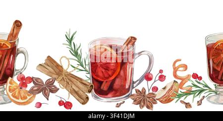 Aquarell-Hotwein-nahtlose Bordüre, Glasbecher mit Gewürzen, Zimtstangen, Sternanis, Orange, Beeren, Winter-Weihnachtsbannerband. Vektor. Stock Vektor