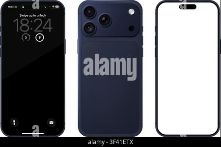 Detailliertes blaues Handy-Modell. Vorder- und Rückansicht isoliert auf transparentem Hintergrund. Vektor-PNG Stock Vektor