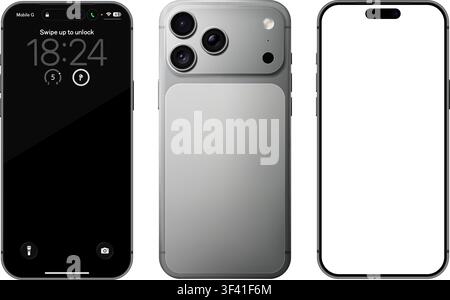Detailliertes Silber-Mobiltelefon-Modell. Vorder- und Rückansicht isoliert auf transparentem Hintergrund. Vektor-PNG Stock Vektor