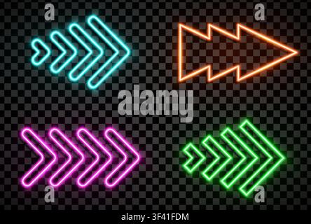 Pfeilzeichensatz im realistischen LED-Neonröhrenstil isoliert auf transparentem Hintergrund. Zyan, Orange, Pink und Grün. Vektorillustration Stock Vektor