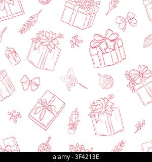 Nahtloses Weihnachtmuster mit handgezeichneten Geschenkschachteln, Schleifen, Verzierungen, Kerzen, Stechpalmen und immergrünen Zweigen Stock Vektor