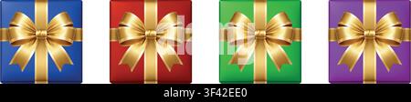 Sammlung bunter Geschenkschachteln mit goldenen Bändern isoliert auf weißem Hintergrund. Festliches Geschenk-Symbol-Set Stock Vektor