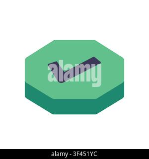Isometrischer 3D-grüner Achteck-Knopf mit einem violetten Häkchen-Symbol für Abschluss, Zustimmung und Verifizierung Stock Vektor