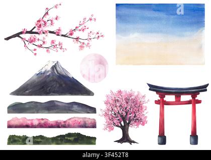 Mount Fuji, Torii-Tor, Sakurabaum, Kirschzweig, Hügel, Himmel und Sonne. Handgemaltes Aquarell-Set mit japanischen Landschaftselementen für das Hanami-Fest Stockfoto