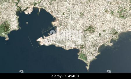 Top-Down-3D-Luftbild von Montevideo, Uruguay, das seine urbane Landschaft im frühen Morgenlicht zeigt. Stockfoto