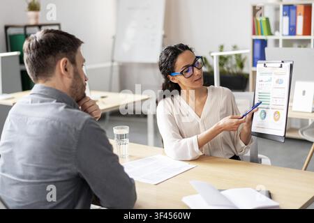 Female Business Analyst präsentiert Finanzdaten einem männlichen Kollegen in einem modernen Büro, Teamwork-Konzept Stockfoto
