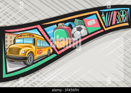 Vektorlayout für Schule mit Kopierraum für Text, schwarzes dekoratives Band auf grauem Hintergrund mit Schulbus und bunten Cartoon-Kinderaccessoires Stock Vektor