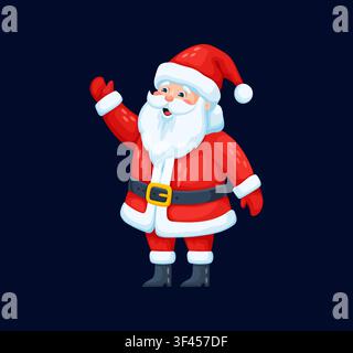 Cartoon-Weihnachtsmann-Weihnachtsfigur. Niedlicher, fröhlicher Vektor-Vater Noel mit weißem Bart, rotem Anzug, Hut und Fäustlingen winkt mit der Hand. Der heilige Nikolaus sendet fröhliche festliche Winterurlaubsgrüße Stock Vektor