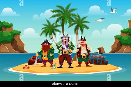 Cartoon-Piraten-Schiff-Besatzungscharaktere auf einer Karibikinsel mit Schätzen. Bärtige Korsaren stehen auf einer kleinen tropischen Ozeaninsel mit Palmen und einem vergrabenen Schatzkasten neben Flaschen und einem Krebs Stock Vektor