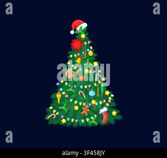 Weihnachtsfeiertag-Cartoon-dekorierter Tannenbaum. Fröhliche Weihnachtsfeiertag-Cartoon-Dekoration, glückliches Neujahrsfeiertag-Vektor-Sticker. Weihnachtsbaum mit Weihnachtsmann-Hut, Lebkuchen und Girlande Stock Vektor