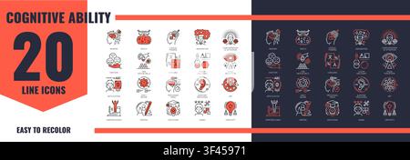 Kognitivfähigkeits-, Gedächtnis- oder Aufmerksamkeitswahrnehmungs-Therapie-Symbol-Set. Mentale Fähigkeits-Symbole, kognitive Fähigkeit und Gehirnfunktionen-Liniensymbole mit menschlichem Kopf, Kindercharakter und Lernattributen Stock Vektor
