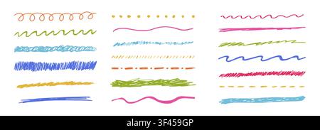 Unterstreichungs-Kritzeleien heben Striche mit Buntstifttextur hervor. Sammlung von Kritzel-Bleistiftstrichen. Gekritzelter Trenner, Linienschieber handgezeichnete Schnörkel-Rand-Set. Gerade, lockige, wellige und gezackte Unterstreichungen. Vektorillustration Stock Vektor