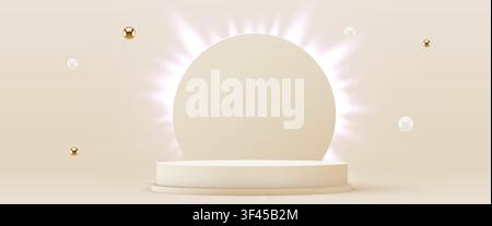 Minimalistisches beiges Podest mit leuchtendem Licht und schwebenden Kugeln. Luxus-Bühne für Produktpräsentation. Vektorillustration Stock Vektor