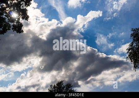 Flauschige weiße und dunkle Sturmwolken ziehen über einen strahlend blauen Himmel, eingerahmt von silhouettierten Baumästen, durch die Sonnenstrahlen das Laub durchbrechen Stockfoto