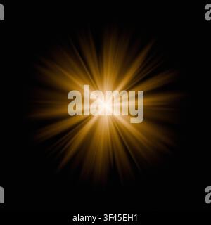 Realistische goldene Sternburst-Lichtfleck-Überlagerung. Helle Lichtquelle mit Bokeh-Effekt, abstrakte Fotografie-Verbesserung. Spezieller Lichtfleck-Effekt der Linse Stockfoto