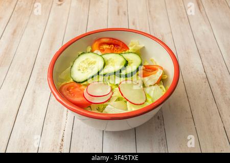 Frischer Gartensalat mit Salat, Gurkenscheiben, Tomatenscheiben und Radieschen in einer schmal rot geränderten Schüssel Stockfoto