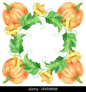 Quadratischer Rahmen der Kürbisse, Kürbisblätter und Blumen. Aquarellillustration. Handgefertigte Kunst. Für Verpackungsdesign, Karten, Drucke, Produkt Stockfoto